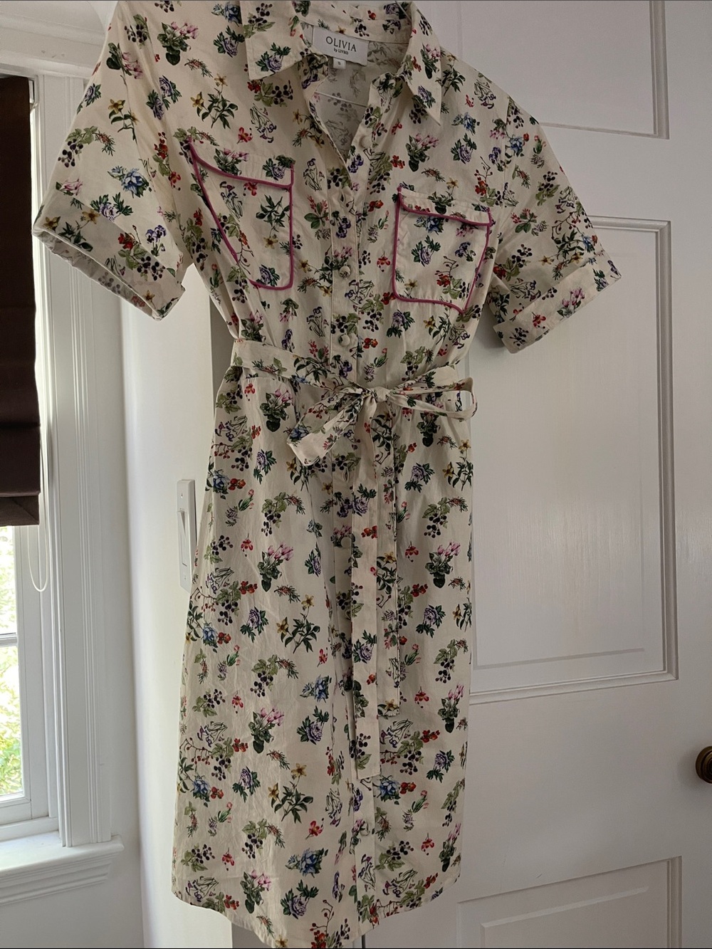 Olivia by Livro Cream Floral Shirt Dress with Pink Trim